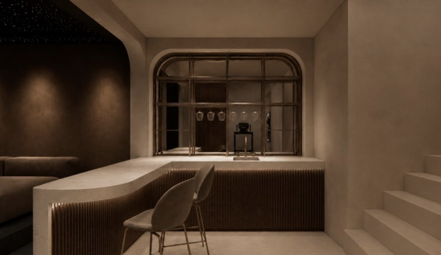Curved fluted bar with arched steel window and star-lit ceiling