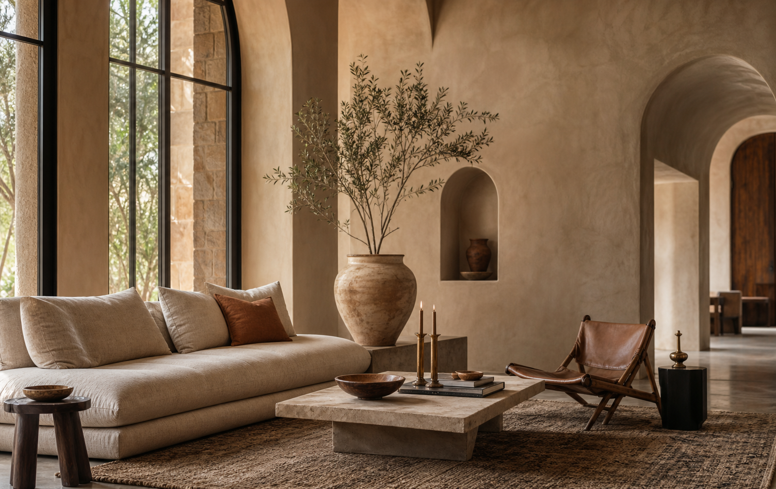 Warm mediterraans interieur met natuurlijke materialen en architecturale details