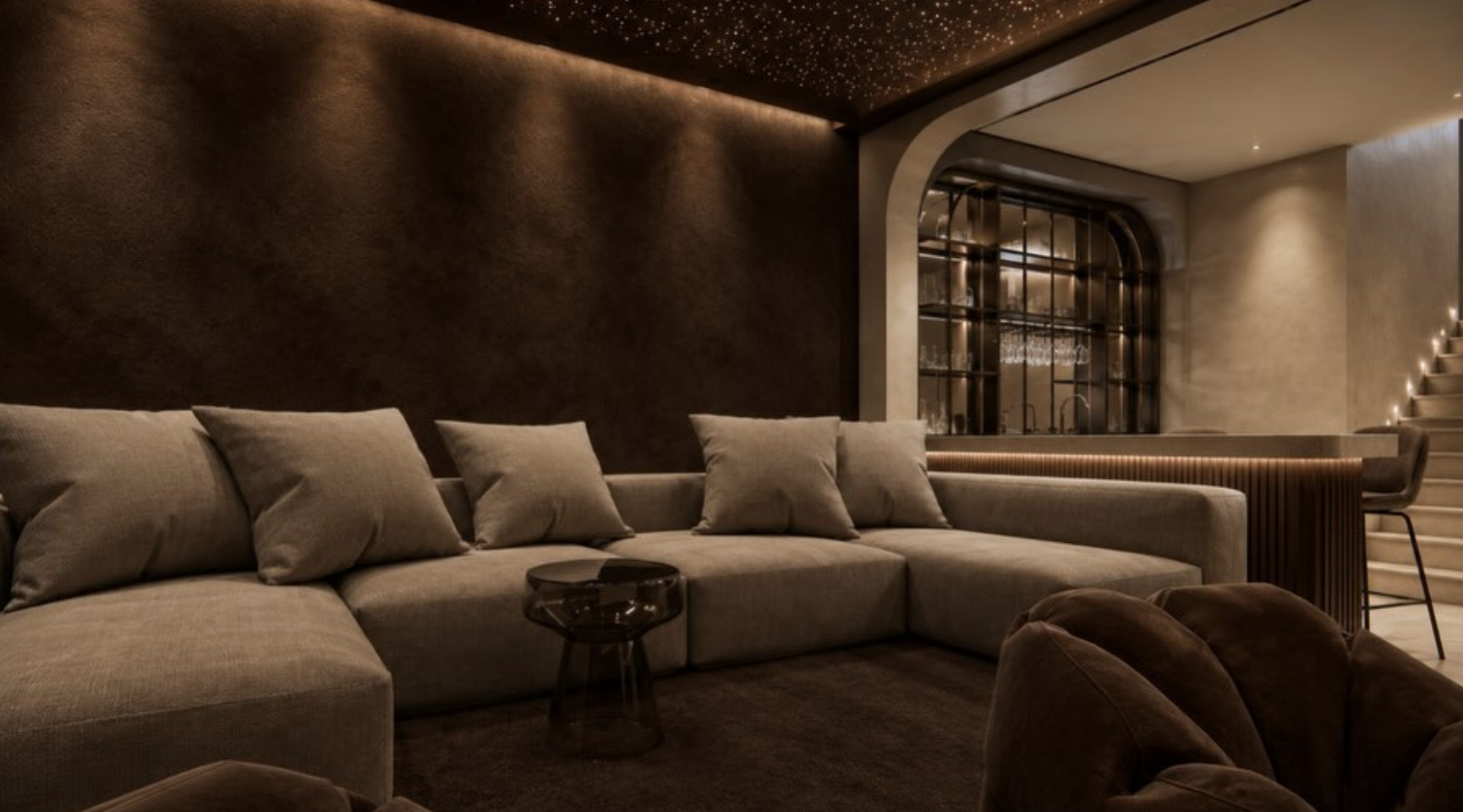 Home cinema lounge with modular sofa and starlight ceiling