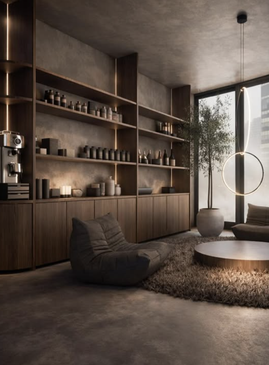 Warm living room with walnut shelving and olive tree